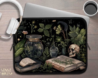 Dark Cottagecore Herbalist academia laptop sleeve, Botanical witchy laptop case IPad tablet cover, laptop travel case, laptop padded bag