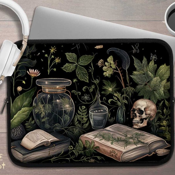 Dark Cottagecore Herbalist academia laptop sleeve, Botanical witchy laptop case IPad tablet cover, laptop travel case, laptop padded bag