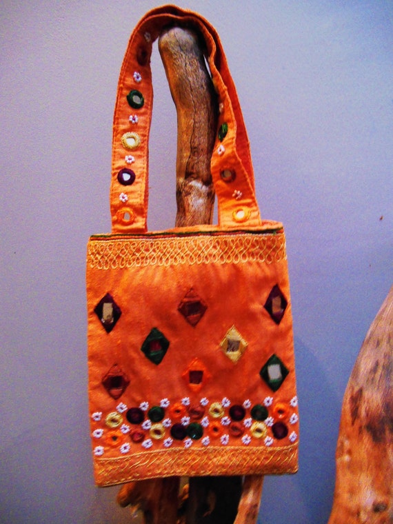 Rusted Orange RAW SILK Tote Bag with Colorful Embr