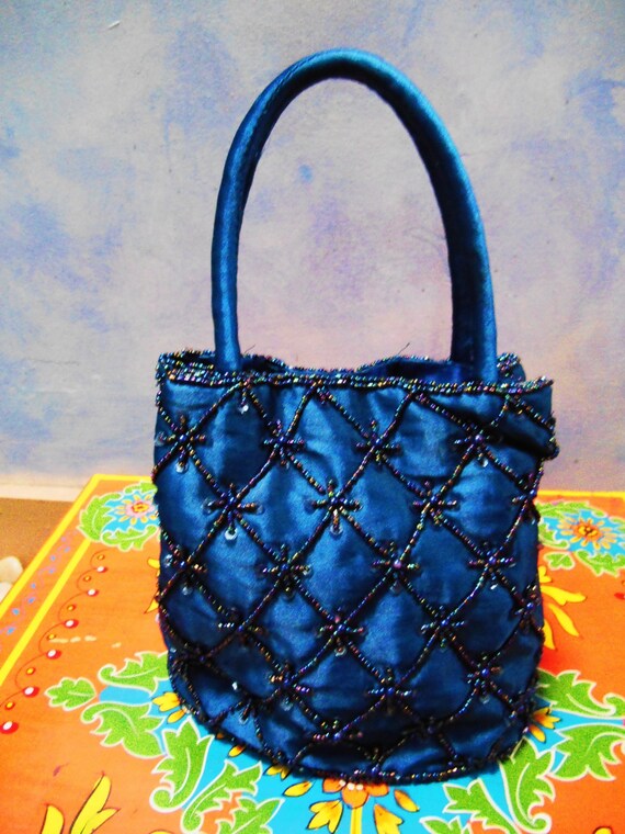 Midnight Blue Beaded Evening Tote - image 1