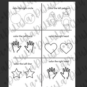 May include: Black and white printable worksheet with instructions to color the right circle, left penguin, left hand, right heart, left star, and right hand.