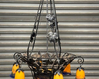 Vintage Art Deco Degué Wrought Iron & Blown Glass Chandelier