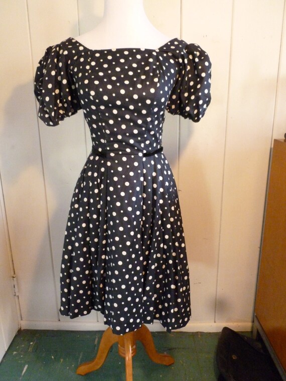 1950's Navy Blue Polka Dot Vintage Dress by Tailo… - image 1