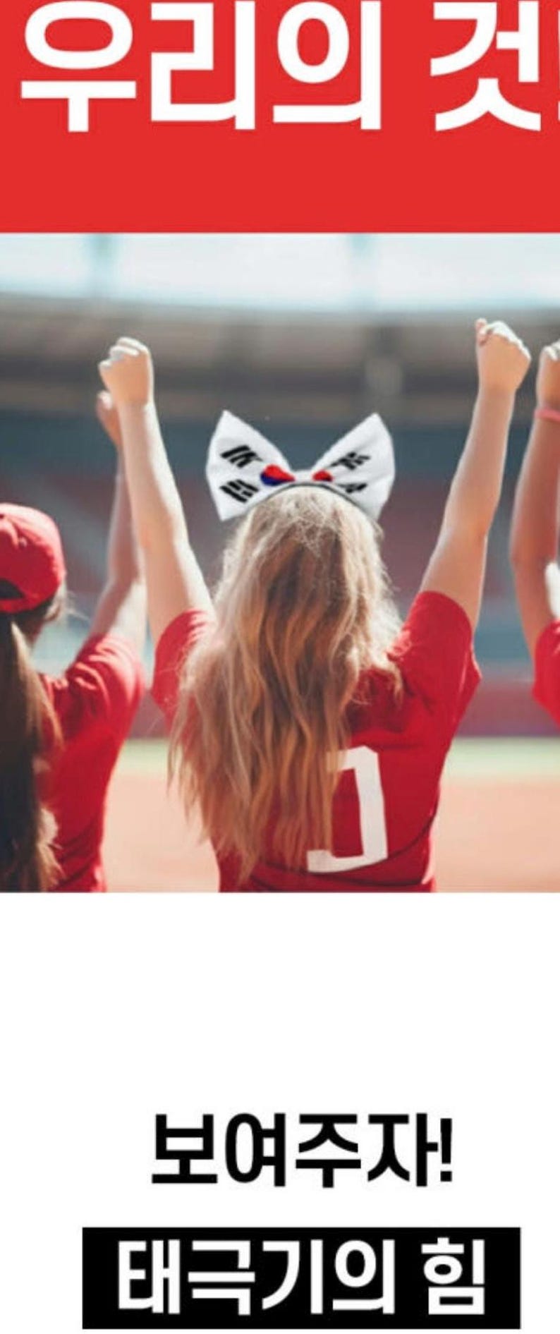 May include: Image of people wearing red shirts and a headband with the South Korean flag, cheering with their arms raised. The image has Korean text at the top and bottom.