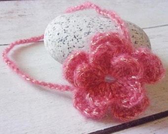Bandeau fleur en laine effet scintillant fait main serre-tête réalisé au crochet pour photo mariage fête baptême - Taille naissance à 2 ans