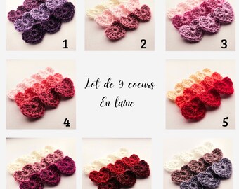 Lot 9 coeurs applique au crochet 3x2,5 cm en laine