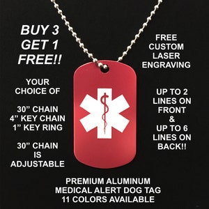 Medizinischer Alarm Personal Laser gravierte Sanitäter ID Militär Hundemarke Notfall KOSTENLOSER VERSAND (** Kaufen 3 erhalten 1 gratis !!**)