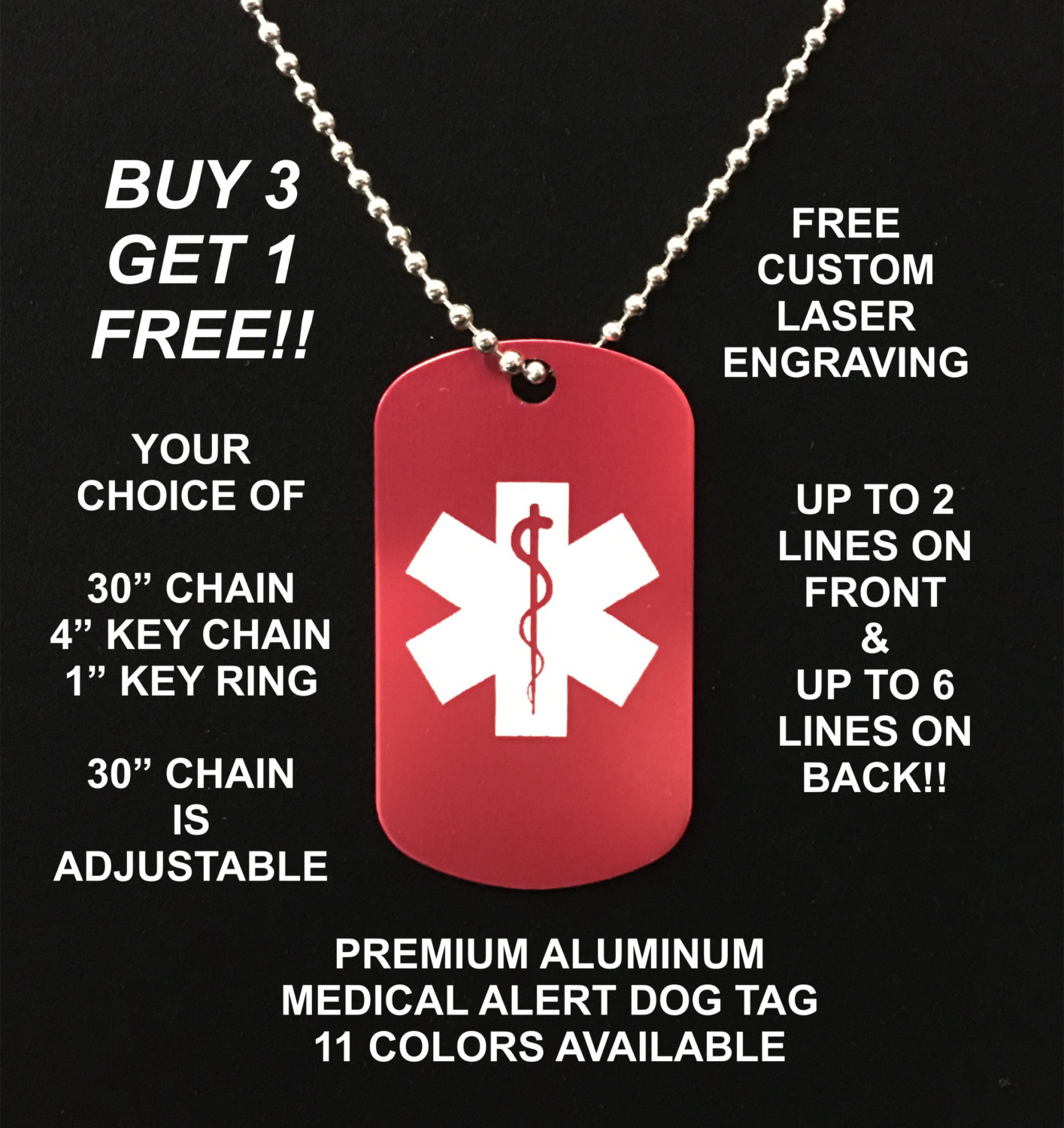 Medical ID Dog Tags, Medical Alert Necklace for Men, Stainless Steel  Medical Jewelry, 18 Lines of Free Custom Laser Engraving Beaded 27” Chain,  Free