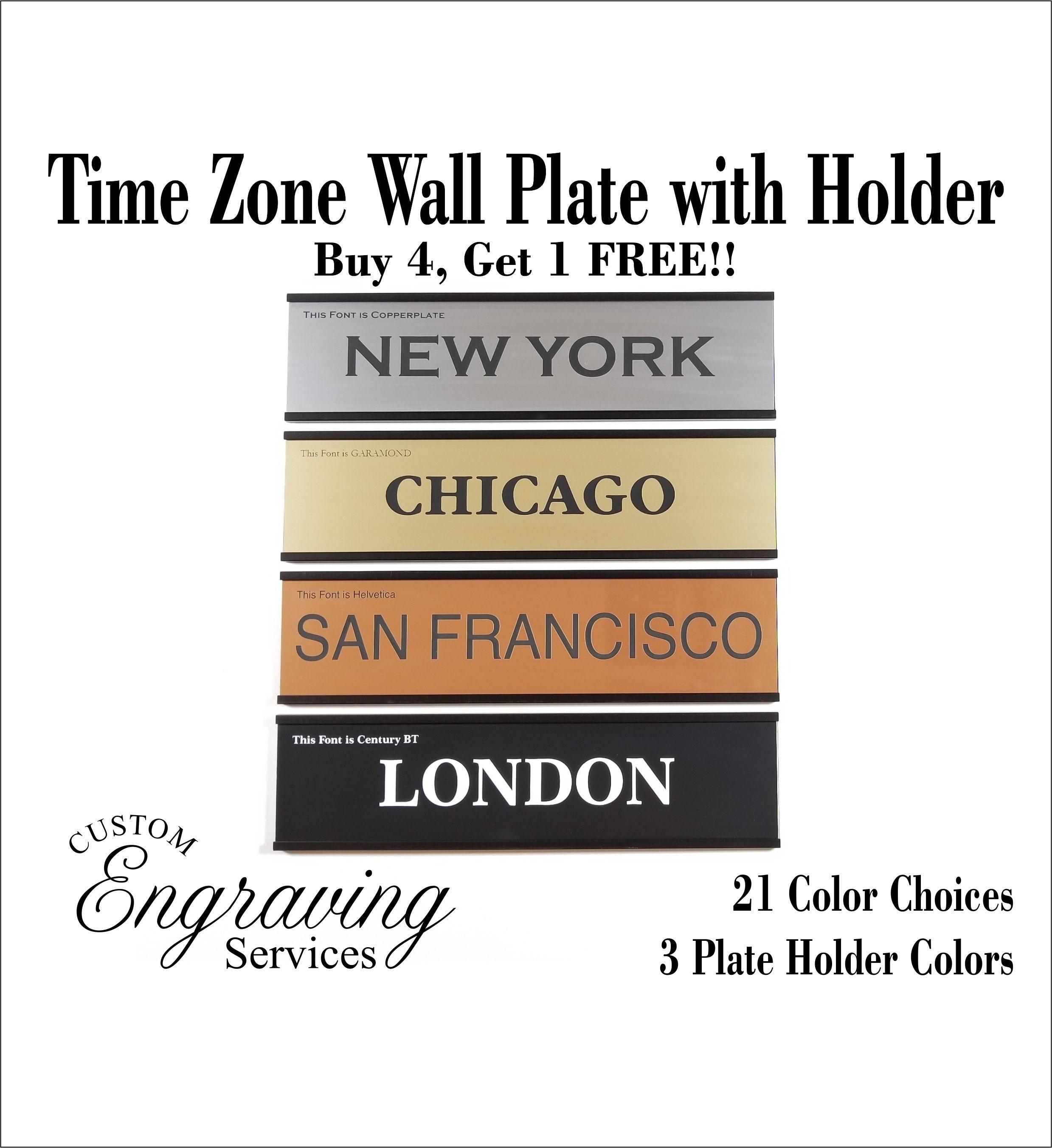 SET OF 4 - World Clock Signs 2" by 8" / Engraved Time Zone Wall ...