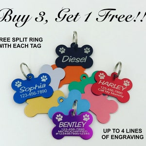 Custom Engraved BONE with Paw Print Pet Tag Dog Cat ID Name Animal - 10 Colors