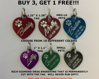 Custom Engraved Paw Print HEART Pet Tag Dog Cat ID Name Animal (Choose from 10 Colors)
