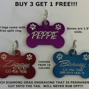 Custom Engraved Paw Print BONE Pet Tag Dog Cat ID Name Animal (Choose from 10 Colors)