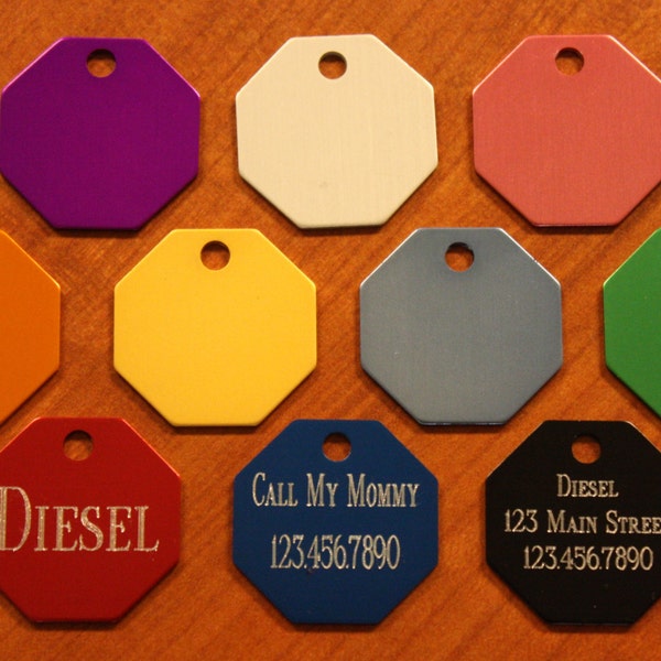 PET Supplies Quality Custom Engraved OCTAGON Tag Pet ID Identification With Free Shipping.  Dog, Cat.  (**Buy 3 Get 1 free!!**)