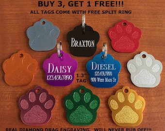 PET Supplies Quality Custom Engraved PAW Print Large or Small Tag Pet ID Identification. Free Shipping.  Dog, Cat.  (**Buy 3 Get 1 free!!**)