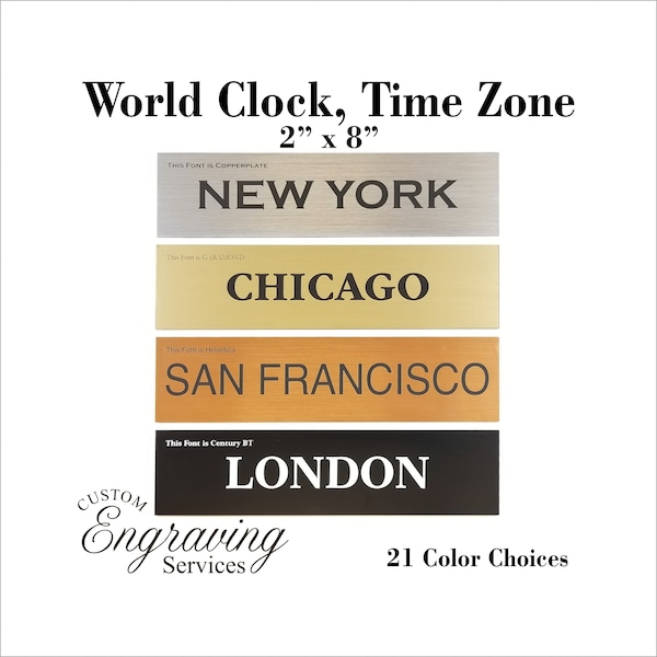 SET OF 4 - World Clock Signs 2" by 8" / Engraved Time Zone Wall Traveler Signs - Business or Home Office Gift - 21 Color Options