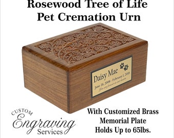PET CREMATION URN Solid Rosewood Tree of Life urn - Hand Carved - With Beautiful Two-Tone Brass Memorial Plate