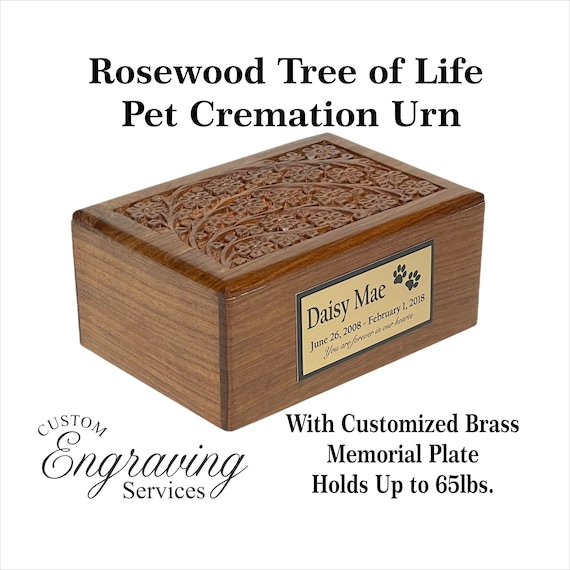 PET CREMATION URN Solid Rosewood Tree of Life urn Hand Carved With Beautiful Two Tone Brass Memorial Plate