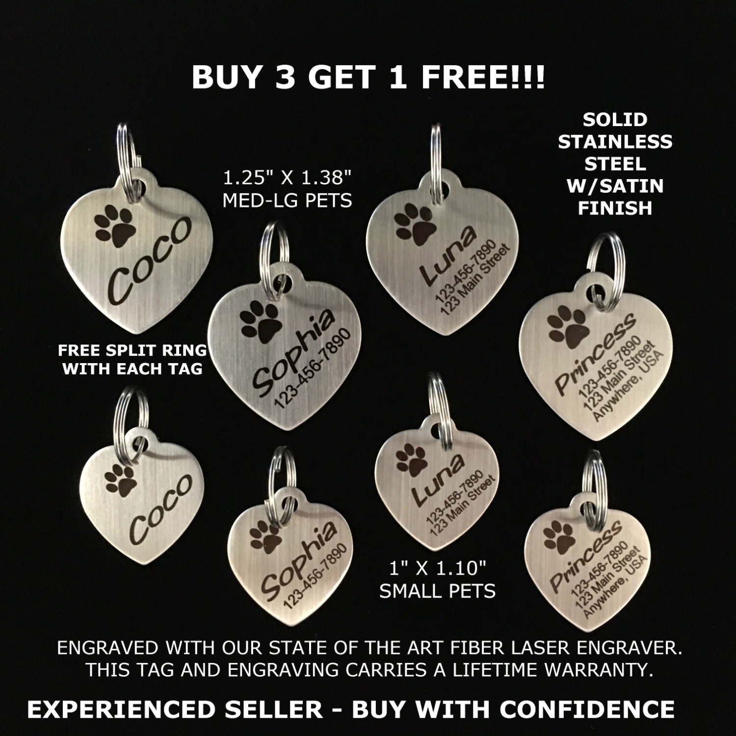 Custom Engraved Stainless Steel Paw Print HEART Pet Tag Dog Cat ID Name Animal Identification  BUY 3 Get 1 Free!!