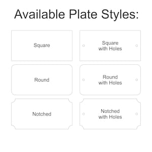 May include: Diagram showing six different plate styles: Square, Square with Holes, Round, Round with Holes, Notched, and Notched with Holes.