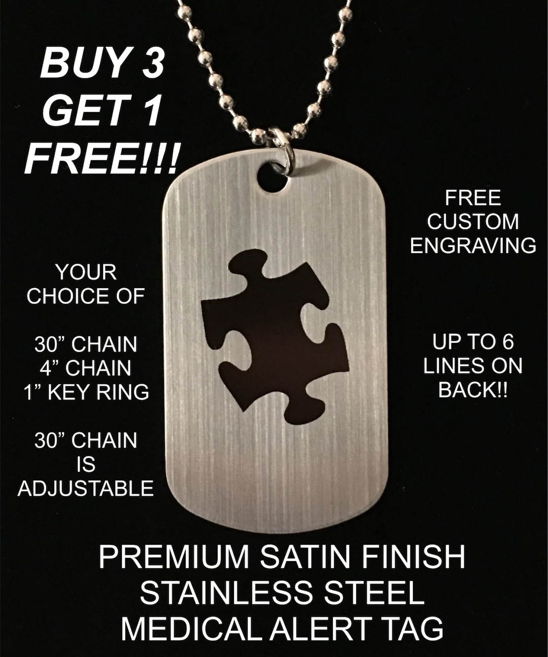 Medical Alert Stainless Steel Autism Custom Engraved Medic ID Military ...