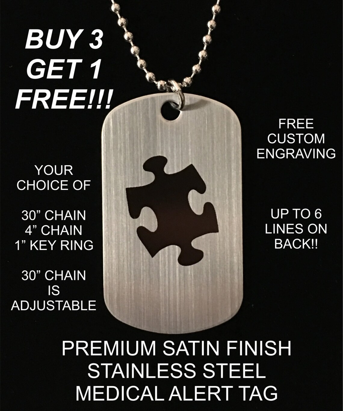 Medical Alert Stainless Steel Autism Custom Engraved Medic ID Military ...