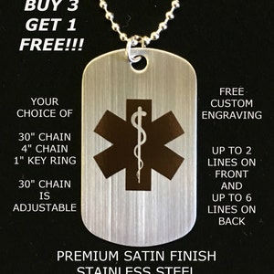 Medical Alert Stainless Steel Custom Engraved Medic ID Military Dog Tag Emergency  (**Buy 3 get 1 Free!!**)