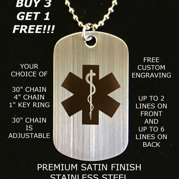 Medical Alert Stainless Steel Custom Engraved Medic ID Military Dog Tag Emergency  (**Buy 3 get 1 Free!!**)