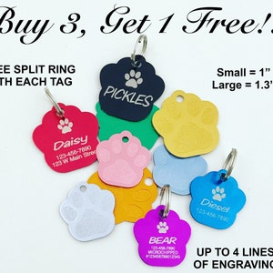 Custom Engraved PAW PRINT with Paw Pet Tag Dog Cat ID Name Animal - 10 Color Choices