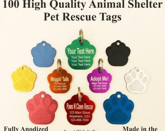 Custom Engraved PAW PRINT Pet Tag Dog Cat ID Name Animal Lot Of 100 Shelter Rescue Tag - 10 Colors to choose from.