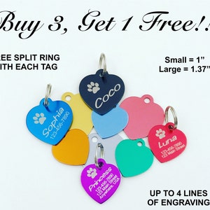 Custom Engraved HEART with Paw Print Pet Tag Dog Cat ID Name Animal - 10 Colors