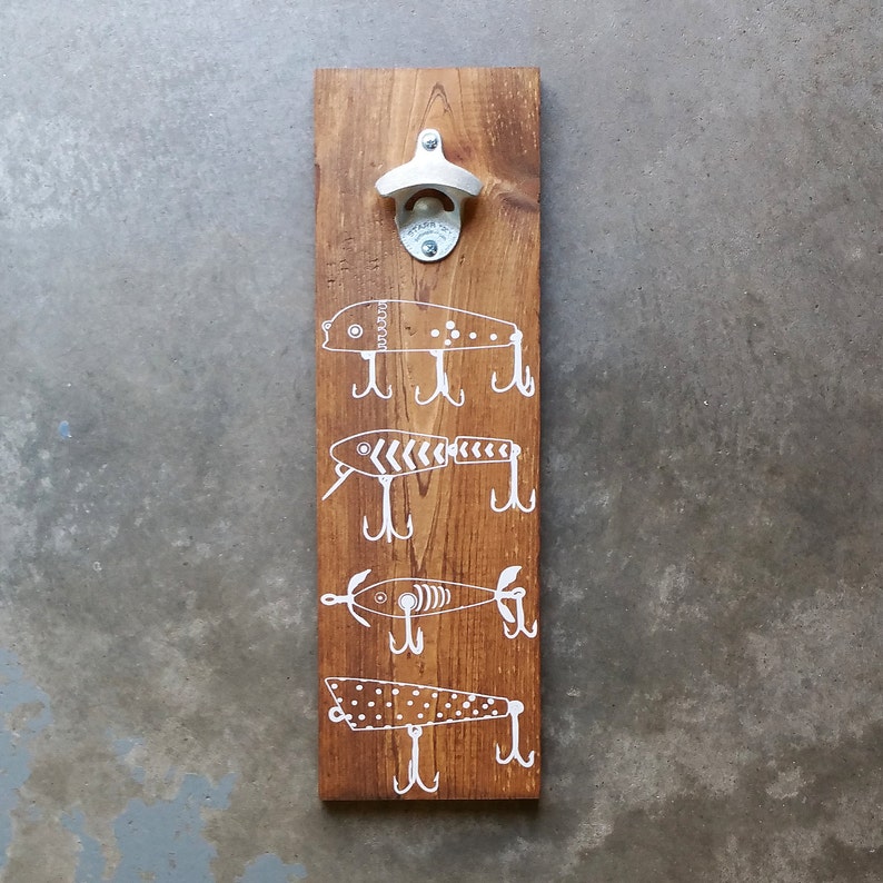 Wood Wall Mount Beer Bottle Opener Antique Fishing Lures Etsy