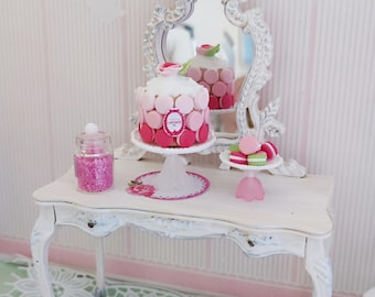 Dollhouse cake MACARONS DE PARIS Ladurée whipped cream on display stand, plate of macarons and jar of sugar - for shop windows.