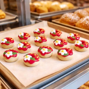 May include: A tray of miniature, flower-decorated donuts. Each donut has a beige base, a red glaze, and a white and yellow flower design. Other baked goods are visible in the background, suggesting a bakery or dessert shop.