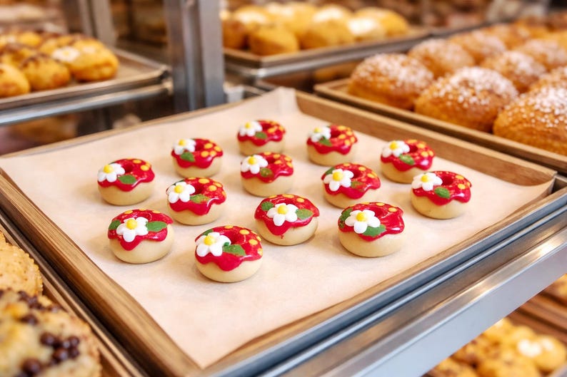 May include: A tray of miniature, flower-decorated donuts. Each donut has a beige base, a red glaze, and a white and yellow flower design. Other baked goods are visible in the background, suggesting a bakery or dessert shop.
