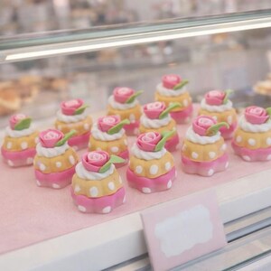 May include: A display of miniature cakes with pink, yellow, and white frosting, topped with a pink rose and green leaves. The cakes are arranged on a pink surface inside a glass display case.