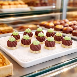 May include: A tray of gourmet pastries. Each pastry has a light brown base, a dark brown, ridged center, and a light green top, topped with a silver ball. Other pastries are visible in the background.