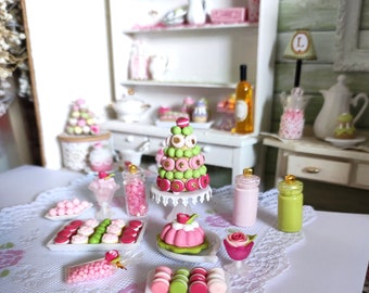 Miniature dessert Ladurée wedding cake, tray of macaroons, cakes, candies etc...