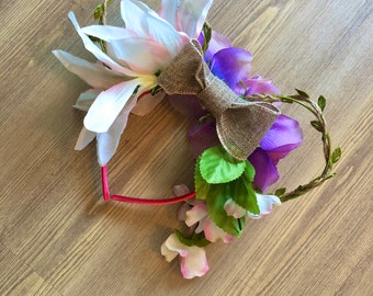 Pink and Purple Floral Mouse Ears with Burlap Bow