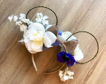 Blue and White Floral Mouse Ears with Burlap Bow