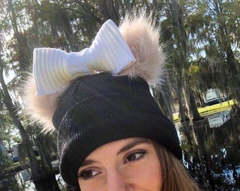 Black Mouse Ear Beanie with Sweater Bow