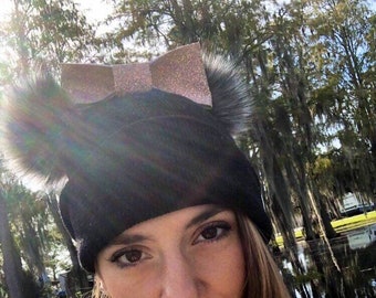 Black Mouse Ear Beanie with Pink Glitter Bow