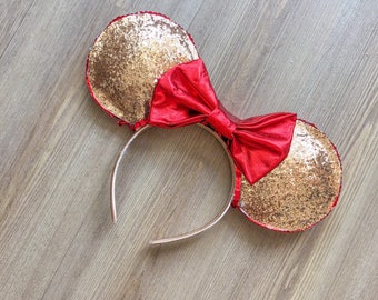 Gold Sparkle Mouse Ears with Red Bow
