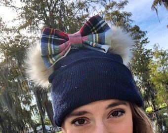 Blue Mouse Ear Beanie with Plaid Flannel Bow