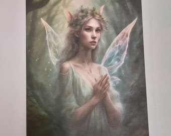 Orando Pixie Fantasy Art A5 Tarjeta del Día de la Madre Impresión de lino reciclado