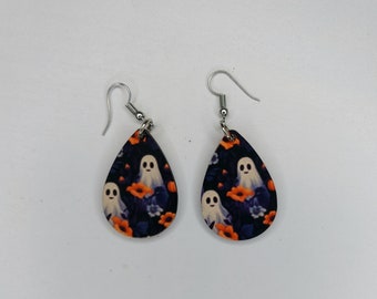 Ghost With Flowers Drop Earrings, cute dangle teardrop earrings