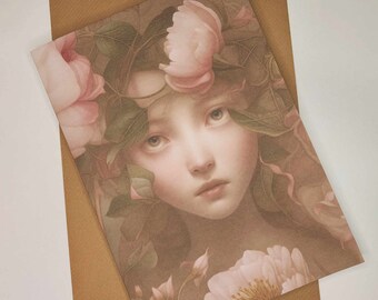 Flower Fae Fantasy Art A5 Tarjeta del Día de la Madre Impresión de lino reciclado