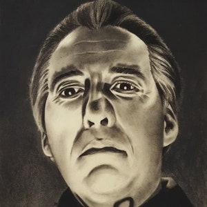 DRACULA ORIGINAL KUNST - 'Count Dracula' Christopher Lee Original Kohlezeichnung auf Papier