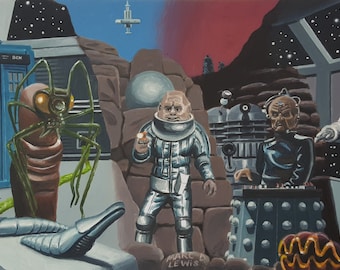 DR DOCTOR WHO Original Art - Tardis, Wirrn, Sontaran, Davros, Daleks, Cyberman; Season 12 Panorama Acrylic Painting on paper