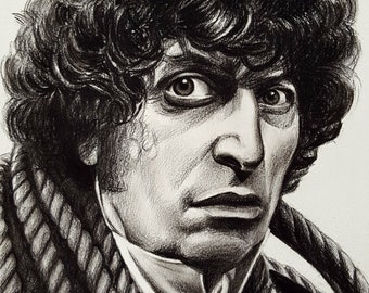 Doctor Who DR WHO ORIGINAL Art - 4th Fourth Doctor Tom Baker Original Charcoal Drawing on paper