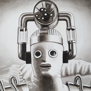 Dr DOCTOR WHO Arte originale - CYBERMAN 'Il decimo pianeta' Dipinto acrilico originale su carta (20,8 cm x 13,9 cm)